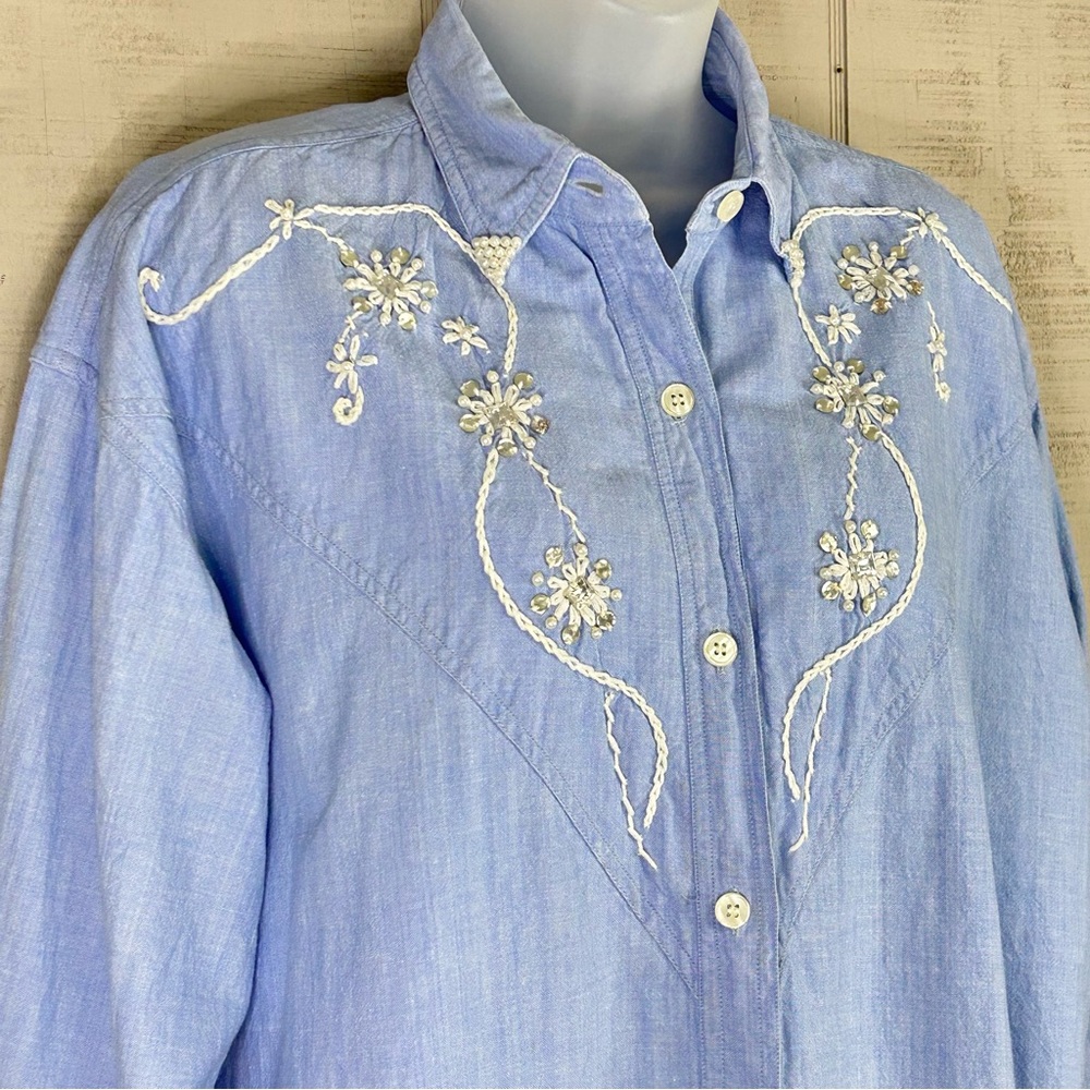 Vintage Womens Country Western Denim Shirt Sz M Beads Embroidered Cowgirl Rodeo